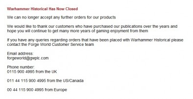 Warhammer Historical Closed Notice