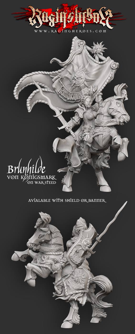 Raging Heroes Brunhilde with Shield on War Steed Mounted Female Warrior 28mm 