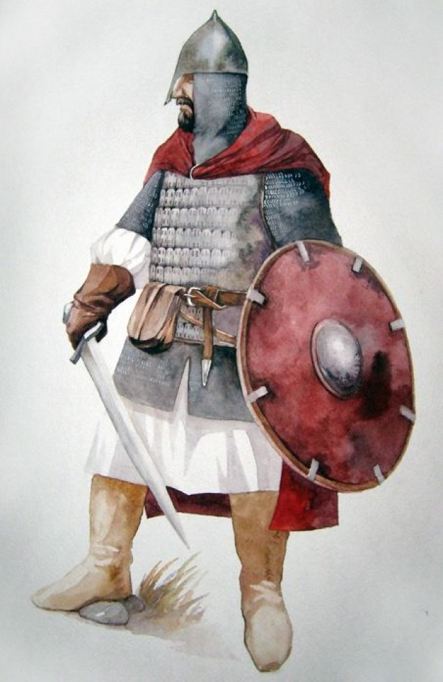 I think this is a cool color scheme to run with :) Maybe just doing red shields without patterns etc. would be a good idea as I could re-use the main bulk of the troops as other armies like Varangians in a Byzantine force.