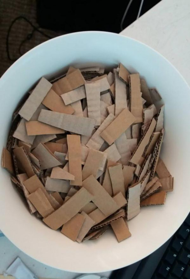 So the first bit is to cut up your cardboard into a managable size for your blender, these bits are about 25x 15mm roughly. Beware, a small cardboard box creates a lot of goop, so dont go to nuts here unless you need lots all at once..