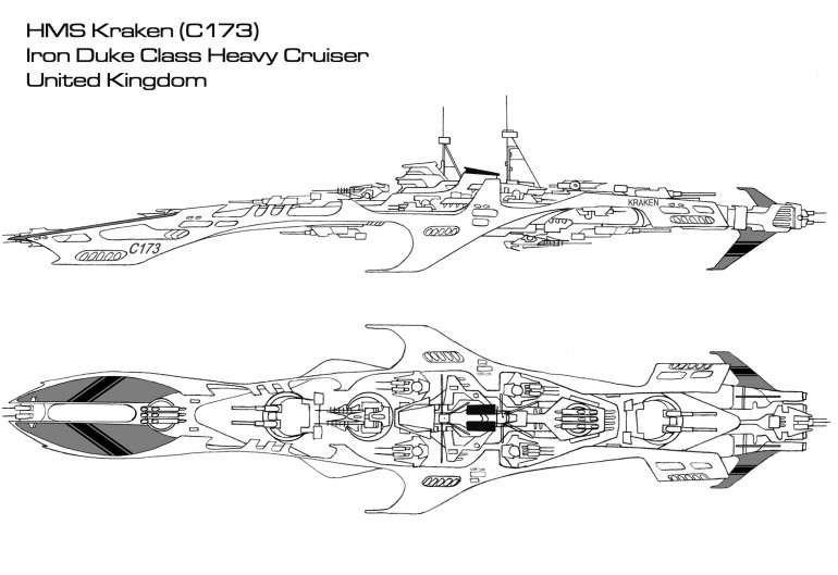 The <i>Iron Duke</i> class heavy cruiser is something of a paradox in the Royal Navy.  On the one hand, it is proof that the Royal Navy has finally come to terms with the fact that the <i>Titan</i> class needs to be replaced after nearly forty years in service.  On the other hand, the <i>Iron Dukes</i> are really little more than upgunned versions of the <i>Titans</i> they are meant to replace.  In fact, in some ways the <i>Iron Dukes</i> are inferior to the <i>Titans</i>, at least in regards to protection.  However, the <i>Iron Duke</i> embraces the notion that the best form of defense is a good offense, and in so doing has mounted a truly devastating array of firepower.  Note that the old Model 33 torpedoes have finally been replaced by the newer Model 41 gravitic torpedoes mounted on the <i>Osprey</i> class light carriers.  Furthermore, these have been mounted in swivel-racks that can turn with the ship's main gunnery turrets.  While this means that the <i>Iron Duke</i> can never fire a full torpedo spread forward or aft (as is traditionally the case with such weapons), it does mean that the cruiser can unload these weapons when already presenting a broadside, clearly her preferred vantage of engagement.  It's in this broadside, after all, where the <i>Iron Duke</i> really shines.  The four double turrets of 10-gw rail guns can match those mounted of ship classes like the Imperial Prussian <i>Leopold</i>, Holy Russian <i>Slava</i>, and Japanese <i>Chikuma</i>, especially daunting since they are slaved to the new Hawkinge Electronics 01A fire control system.  Furthermore, the 6 MgKv lasers formerly mounted with the <i>Titans</i> have been replaced with larger 8 MgKv models.  The <i>Iron Dukes</i> are all named for famous military leaders (especially naval commanders) in Britain's history, except for the HMS <i>Kraken</i>, recommissioned to carry the name of the famous ship of the <i>Titan</i> class. 