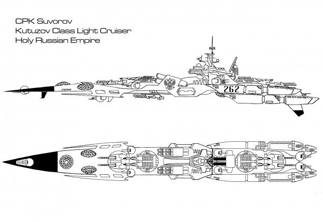 Named for famous field marshals and admirals of Russian and Soviet history, the Kutuzov class of light cruiser represents a new step forward in the Holy Russian Navy, an attempt to break with old gun-heavy designs like the Slava, Sovnya, and Peter the Great.  Instead the Kutuzov mounts entirely particle-based weaponry.  Among these armaments is a formidable array of new RSA Molniya 550 (Lightning) model electron particle cannons, easily capable of stripping a destroyer bare of armor with a single volley at up to a thousand kilometers if fired from a full broadside.  But even these mounts are only meant to support the Kutuzov’s true weaponry, four immense Tunguska Arms 790A 40-kilogram thorium plasma projectors, mounted in two double turrets.  Combined with the EPCs, these give the Kutuzov a truly hellish punch at close range.  Any captains who come up against one of these warships is best advised to try and keep the engagement ranges as long as possible.  For all its strength, however, the Kutuzov of course has weaknesses as well.  Shielding and speed are only adequate, and the Bozhorshkin Electronics sensor and targeting suite is hardly top of the line.  The torpedo array is also a little dated, although with eight tubes in a forward spread, the Kutuzov is almost guaranteed to hit with at least one of them.  In all, the Kutuzov is a robust, pragmatic, and well-balanced design.  In its weaker aspects it is unspectacular without being poor, but its firepower makes it a frightening contender for its class, particularly at close range.  Eighteen units of the class have been built so far, with a slightly modernized variant on the drawing boards.  They have seen combat in at least three Strategic Command Sectors, where they have earned the respect of friend and foe alike.