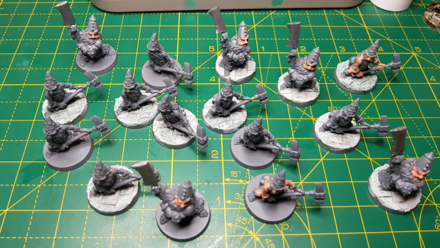 So far models primed in Army Painter Army Grey. Most of the bases I've modelled with green stuff to look like stone flag floors