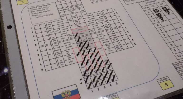 Ship record sheet of the Russian light cruiser Lazarev, ALMOST about to explode.