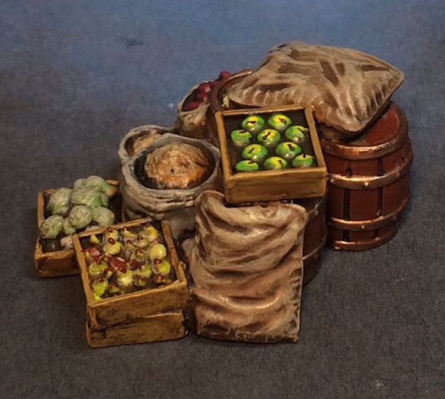 A pile of produce for market or to supply the troops.