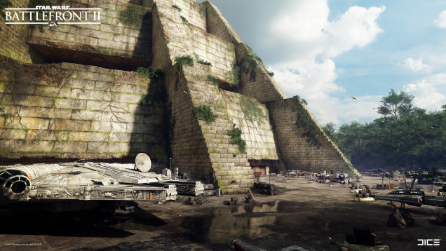 Image from the Battlefront 2 game showing the Falcon parked up
