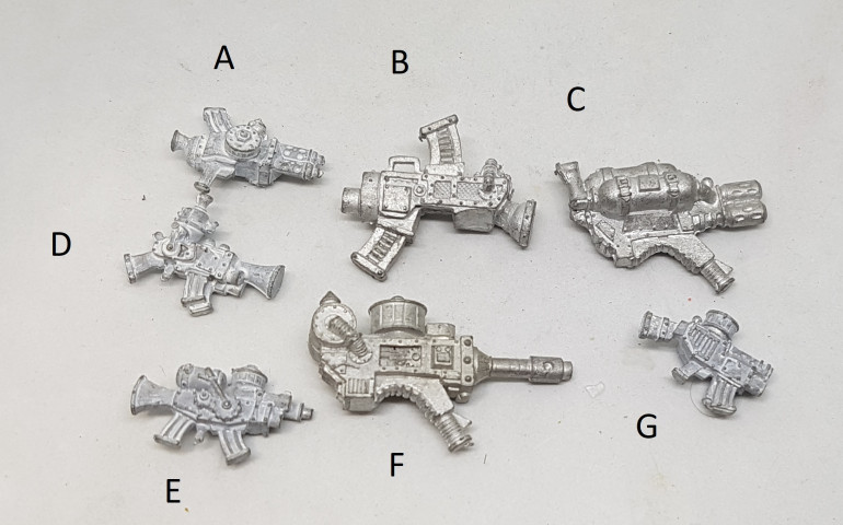 Some stand out weapons I cannot identify.  Can you tell me what they are, and which models they belong with, and if they are even in the current rules?