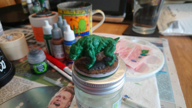 Here we have a cute puppy in his Army Painter Greenskin base coat.