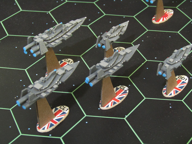 Port quarter close up of British heavy cruiser task force (about 320 points, if ships are all 