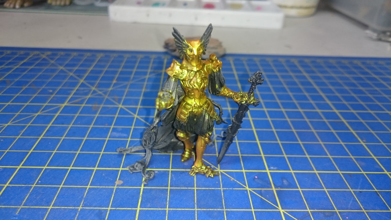 So, early work on the Flower Knight. Based black, the given a couple of coats of Burning Gold by GSW. This is supposed to be a red/gold reflex paint. The effect is hard to capture on camera!