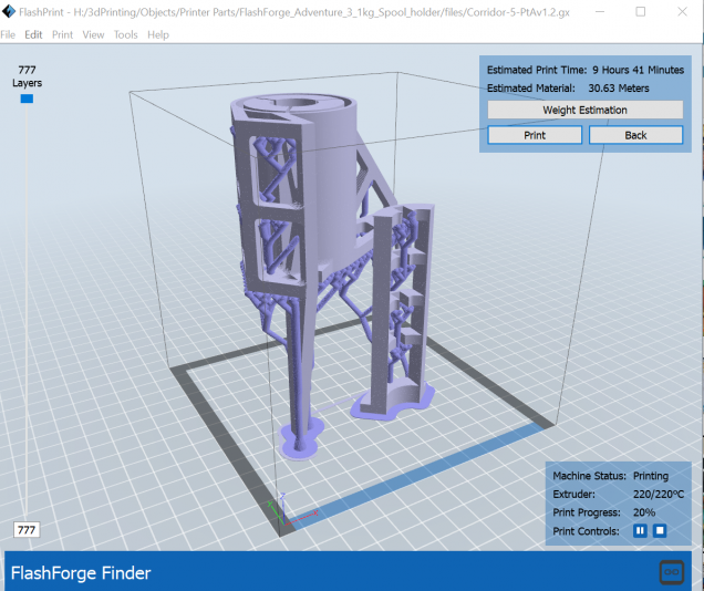 FlashPrint Buid Estimate for a 1KG spool adaptor for the FlashForge Adventurer 3