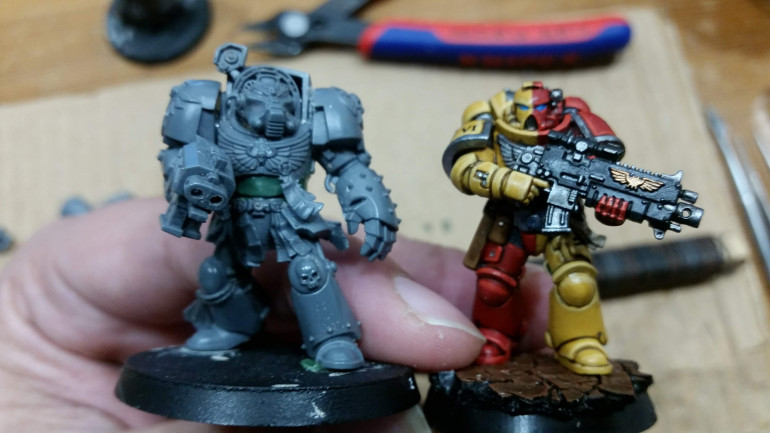 My scaled up test Terminator next to a Primaris Marine.