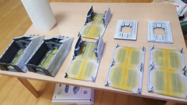 With everything masked I went about painting the exterior with a light grey, then Vallejo Model Air Sky Blue. Finally I airbrushed white (with a lot of flow improver) on the very edges and tops of panels.