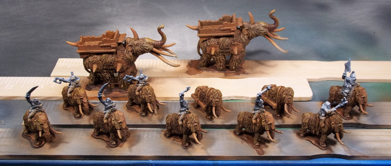 Mammoth group photo.  The huge mammoths aren't officially part of the army.  I got them from Eureka with a lizardmen order because I very much wanted to paint them.  For now, they'll be used as siege towers.