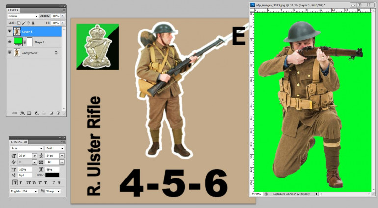 Start work on the new counter template.  Remove the first figure.  Put in some of the new markings and unit combat data.  Note I'm keeping these Ulstermen as 