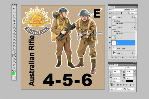 Here's the existing Commonwealth template counter for a full rifle squad (here set up for Australians).  I'm not a fan of the front figure, I'm going to change it out.