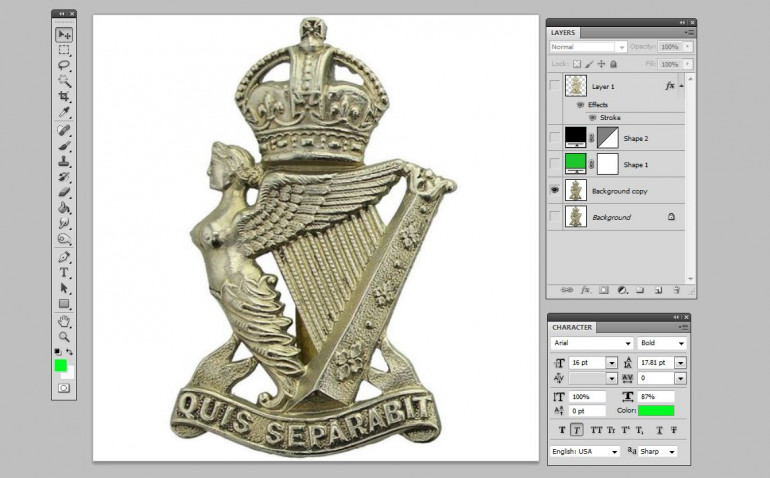 First, find the badge for the Royal Ulster Rifles.  Hard-core historians will note that most of these regiments were actually disbanded in February / March 1918, when 36th Ulster was reorganized after their terrible losses of Flanders / Passchendaele 1916-1917.  Some were sent back to reserve brigades in Britain.  Others were folded into the remaining battalions.