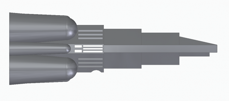 Side view, showing central docking ports go straight through the ship, Ports below and above do not.