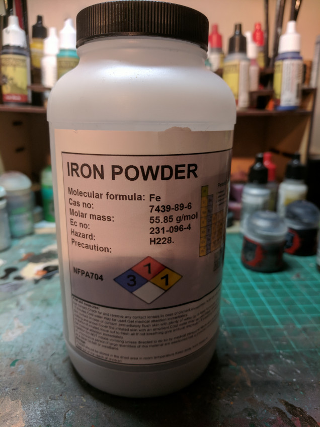 Another thing about iron powder, it oxidised incredibly fast. Mixing some iron powder with some PVA glue and water makes a decent fine texture paste which starts to take on a natural rusty look within hours of application.