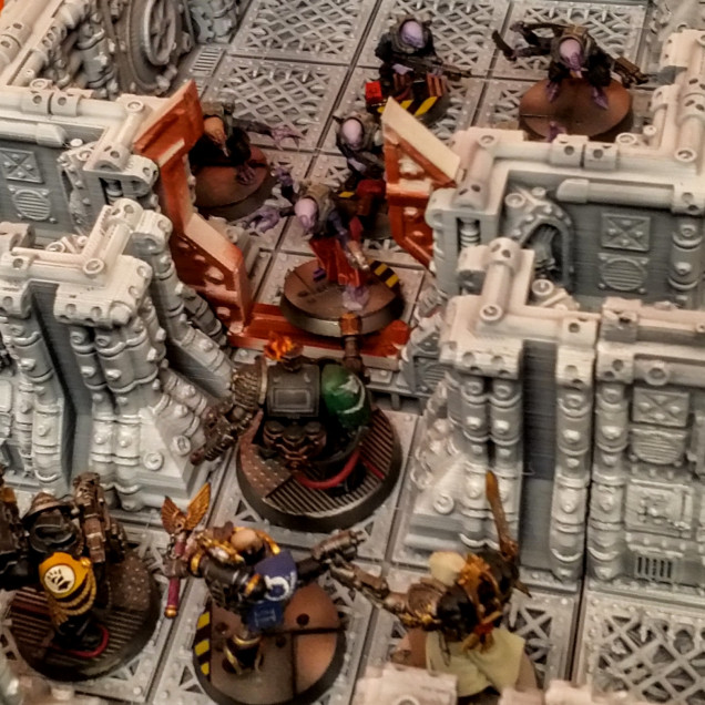 Deathwatch Overkill minis on the Space Hulk terrain