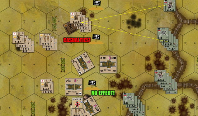 North wing of the Australian assault.  Firegroups based on German MG fire (assisted by direction of German officers) actually don't do very much damage up here.  Australians are making the most of the craters where they can (+1 to APFP fire checks) and I'm counting tanks as a V&V 