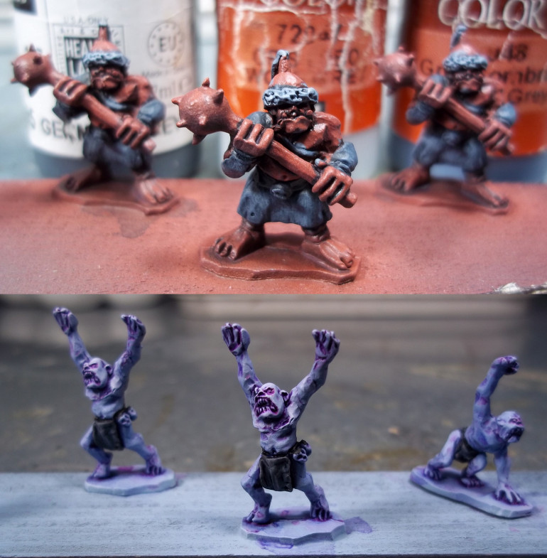 Second highlight by mixing Vallejo Game Color Wolf Grey into the Sombre Grey & German Grey.  For ogre hair, I did the first three layers the same as the clothing, then added a fourth layer by mixing in a bit more Wolf Grey for the extreme highlights. 