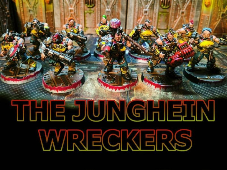 The Group shot of the Junghein Wreckers, named after a heavy machinery company called Jungheinrich, in keeping with the name i wanted to paint them up in the colour scheme of heavy industrial machinery so lots of yellow, black and red.  