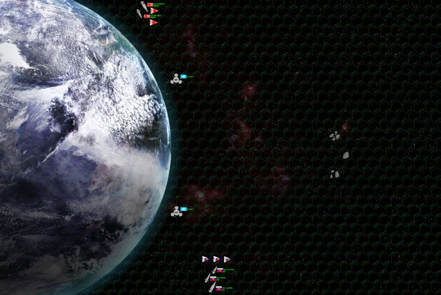 Overall battle area.  Japanese are coming down from the north pole / daylight side of our roughly Mars-size planet (6700 km , 37 hexes diameter).  Russians are coming up from the southern pole / night side.