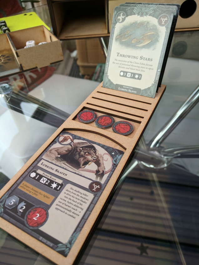 I created 10 character trays to go with the set, each has space for a character card, 6 upgrade cards and a small compartment for damage tokens.