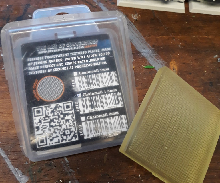 Weapon of choice for the greenstuff was this 1mm chainmail stamp from Greenstuff World. Pro tip - apply the texture to greenstuff and then transpose to the model - much easier than trying to stamp directly onto the model.