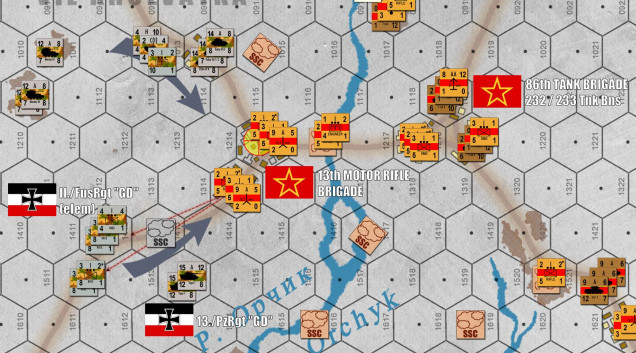 I continue to set up for my assault in the center.  German smoke screens (dropped by my battalion 81mm mortar battery) screen the advance of my infantry.  Tigers, PzKpfw IVs, and Marders will lead off, while Mgs from halftracks and 20mm flak will also pour in to soften enemy positions.  I'll take some AT fire coming in from those two batteries of Soviet 76.2mm AT guns, but I'm trusting the Tigers to bear the brunt of that, while my more expendable Marder IIIs will take the 