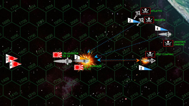 The fire phase of Turn 1.  The Pirate approach, while awesome, wasn't quite perfect, as those two gunboats are JUST out of position to hit the stern of the frigate Urakaze, their forward weapons will instead hit the starboard quarter.  Still, forward pirate guns hammer the Urakaze's fantail.  They are MURDEROUSLY accurate with +3 CICs, but they have very few weapons and they are very light.  This disadvantage is further exacerbated by the f act that only forward-mounted pirate weapons can fire.  But the pirates get solid hit locations, and manage to shut down the Urakaze's engines and set  her adrift and crippled in space.  Meanwhile, the Urakaze has NO aft-mounted weapons (as a strike frigate, everything is mounted forward).  So she actually never fires a shot in response.  The larger destroyer Harata, however, hits the Fast Company with aft 40KG plasma projector and 5GW rail  guns, all but blowing off the front half of this very small ship.