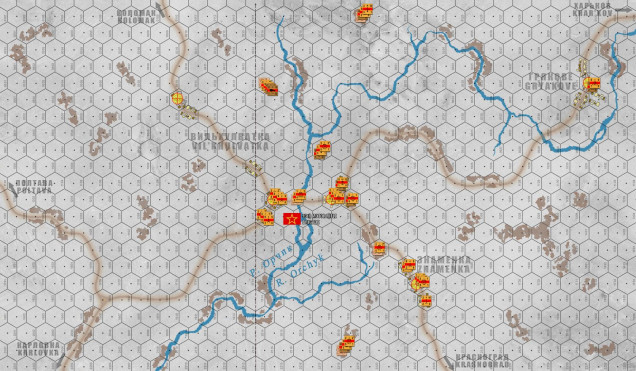 The Soviets get to set up the 13th Motorized Rifle Brigade (up to  the line, 20 hexes / 5 km from the east end of the board).  Scouts and partisans have alerted them to the approach of the Grossdeutschland kampfgruppe, and their two brigades of tanks get to arrive on the beginning of Turn 1 from the eastern end of the board.  The Germans, of course, enter from the western end of the board.  Note the small Soviet force in trucks in the norther-center part of the board, behind the village of Vil'khuvatka.  These are perhaps intended to rush forward and seize that westernmost objective hex, at least slowing the German advance and forcing them to fight for this first objective.  Please bear in mind that when I draw these maps and design these scenarios, I don't know which side I will wind up playing.  