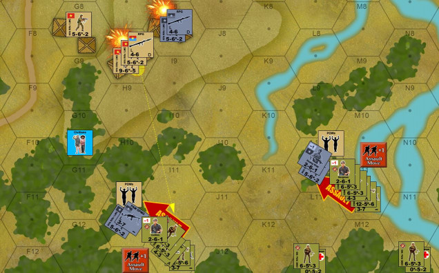 With NVA units in the south having failed to rally from Marine defensive fire in Turn 1, plus the mortar barrages, the Marines are thus ready to launch a few 