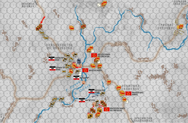 The overall situation HALFWAY through the game (end of Turn 5).  I have one objective hex, hopefully I'm about to take a second.  After that things are going to get very tense, very tight, and very rushed as the clock starts to run out on my attack.