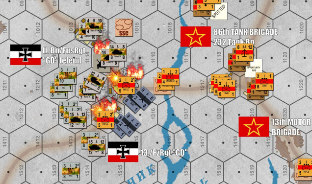 Now that I've closed the distance on Turn 3 and taken my lumps, on Turn 4 I can open fire point-blank into the town of Vilk'huvatka.  Tigers, Mark IVs, Marders, halftrack MGs and 2.0cm FlaK autocannons all target AT guns first, along with Soviet SMG platoons to reduce the risk of close assault in the streets and approaches of that town.  I won't lie, I get two pretty good rolls here, killing both AT batteries and SMG platoons.