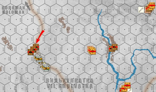 Uh oh, Soviet light tanks are now adjacent to my first objective hex up in the northwestern part of the board.  I'm not too worried about it . . . for now.  That German infantry platoon is well-positioned in that concrete town hex, and fifteen T-60As aren't likely to shift them.  But if Andrew gets artillery or medium tank support up there, I could be in serious trouble. Also, that's my headquarters unit up there (CP) - if I lose that my morale drops to a 