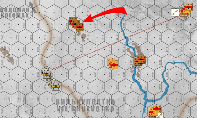 Andrew is also getting bolt up north, where fifteen T-60A light tanks are speeding across the steppe to threaten the objective hex I've previously taken in Vil'khuvatka.  There's a lot of movement in this scenario, I should state that each hex measures 150 meters across (covering the area of a say ... two FoW tables).