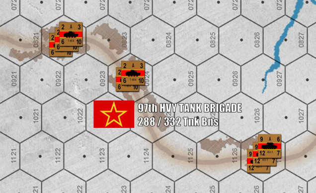 Of course, on his Turn 1, Andrew gets to bring on his tanks.  In a tank fight, I'm winning this game hands down.  But he's beating me in infantry and artillery, and of course he's also got time and distance on his side.  This is a German assault, so it's up to me to take the objective he starts off holding with fortified troops.  The burden of victory is on me.  