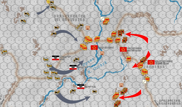 So far, so good.  Andrew has opted against a showdown in those northern town hexes, so I take the first of five objective hexes (I have to take at least 3 of 5 to win).  I am 1/3 of the way to victory without firing a shot.  The second objective hex will not be so easy.  There's no real way to take this except by frontal assault, but even a frontal assault can be carried off with speed, precision, and relatively few casualties if handled just right.  PanzerBlitz is a game about DETAILS, careful balance and combination of arms, utilization of the turn sequence, large-scale planning and small-scale execution.  It will take me a few turns to set up, but I believe I can kick down the front door in the middle and take that objective hex, probably destroying the bulk of Andrew's firepower in the process.  