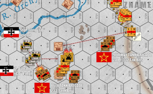 First up, my supporting attack to the south gets underway when Andrew moves from T-60A light tanks and T-34/c medium tanks up against my PzKpfw IVs of II. Bn/PzRgt GD, and StuG-IIIs of StPzAbtg GD.  The KV-1s are too far behind to support.  Honestly, I might have held back on those light and medium tanks until the heavy tanks could close the distance and support.  So I have 10 StuGs (2 batteries) pin down the T-34s in the open, while three platoons of tanks (PzIVGs and PzIIIJs) take out the T-34s in the woods. 