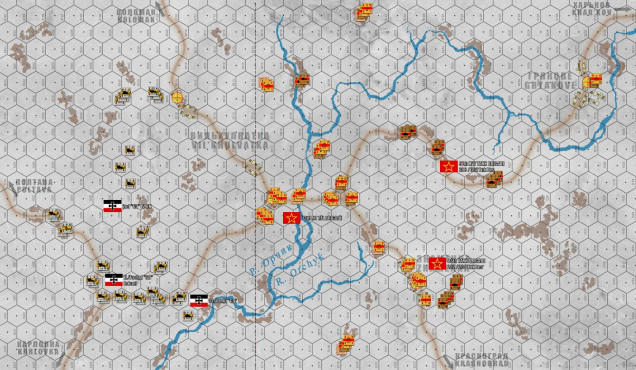 Game day!  The web meeting begins and Andrew chooses to play the SOVIETS.  So I thunder on the western side of the board with my Grossdeutschland kampfgruppe (far and away one of my favorite German divisions - all the elite troops and top-line equipment without most of the political 