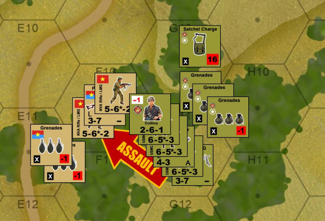 With Waterman and Pierce in real trouble up north, I have to break things loose in the south and hopefully put pressure on that MG and mortar pit from the south.  Collins gets the order, and he leads his platoon in.  The Marines have to lucky a few times here ... they have to NOT hit a booby trap running through the jungle (11 and 12 on 2d6), they have to dodge most of the NVA opportunity fire, then they have to win the assault, then they have to rally enough of their pins so t hey are not susceptible to counter-assault.  Believe it or not, they more or less pull it off, assisted in no small pert by (again) ridiculous American firepower, and the judicious tossing of a satchel charge to help make their assault a lot easier.