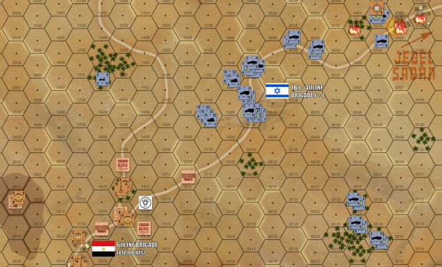After a couple of turns, actually at least one more turn that I though, Jebel Sabha has fallen and the Isrealis have regrouped for a continued push southwest toward the outskirts of Kussiema.  Here, I have 17 pounder AT guns, Egyptian Army infantry (no more National Border Guards), 25 pounder artillery, more Czech 107s, minefields, blocks, improved positions, etc.  It's not a terribly big position (and Damon has three batteries of off-board 155mm howitzers which which he can play 