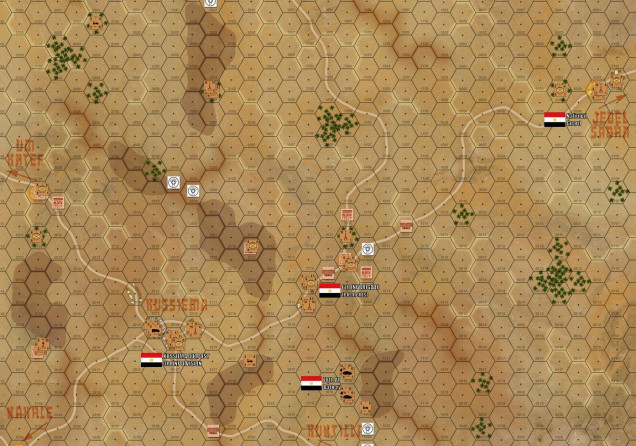 Here is the whole map, with elements of the Egyptian 6th Brigade / 3rd Division set up in defense of the roads leading from border outboast of Jebel Sabah, through Kussiema, then around to the flank and rear of the main Egyptian positions in this area like Abu Agheila and Um Katef.  This battle at Kussiema is important because the it will allow flanking attacks on Abu Agheila and Um Katef.  These main positions must be broken and these roads to the west opened in order for Israeli ground forces to reach paratroopers already dropped at Mitla Pass.  SO THERE ARE FIVE OBJECTIVE HEXES marked with yellow 