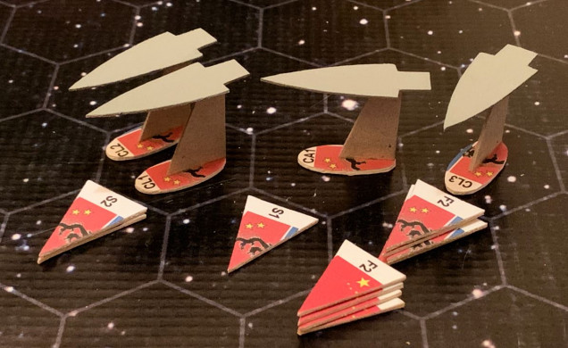 The Black Dragon fleet, having launched scouts, and a swarm of Russian-built fighters, bombers, and more scouts from the carrier Zharanyeva (CL3).  CA1 = the heavy cruiser Tzarakin, CL1 = the Zhang Jia, CL2 = the Xin Tian.  