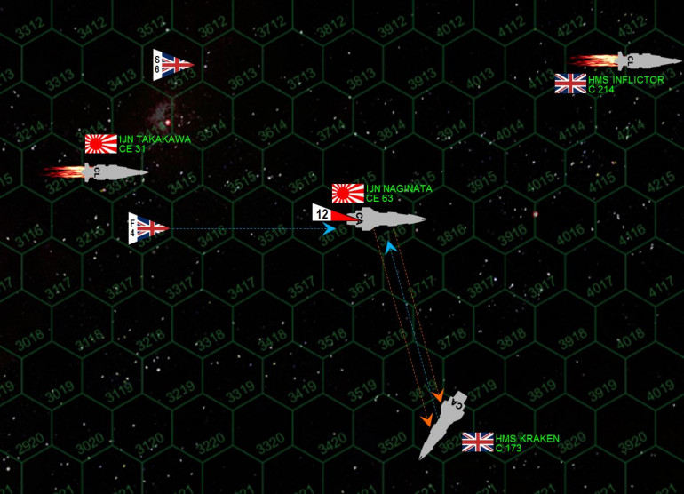 Zooming in a little, we see what I HOPE will be the decisive fire phase, my broadside (almost all guns) against only the Kraken's stern guns.  Unfortunately, Ozawa also has to contend with British torpedoes and fighters.  Two of the fighters score gunnery hits at extended range, and then two torpedoes slam into her stern.  Damage is minimal ... but as fate would have it the one system that was damaged ... was the aft shields.  Still, things seem to be going Ozawa's way, as the Kraken has taken enough damage to where she HAS TO BREAK OFF THE ENGAGEMENT! (Jennifer gets a very bad roll after I score two hits into her cruiser's core compartments).