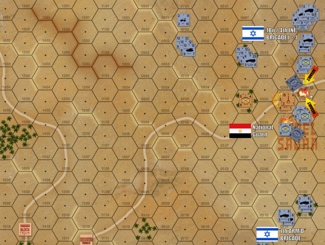 The game begins.  Damon comes on from the northeast, immediately assaulting my Egyptian National Guard border boards (with Czech 107mm recoilless rifles) at the border outboast at Jebel Sabha.  My counterfire knocks out one platoon of Isreali armored infantry, but that's it.  Already the Isrealis have a foothold in the town.  No worries, I certainly didn't expect this town to hold, this is a 