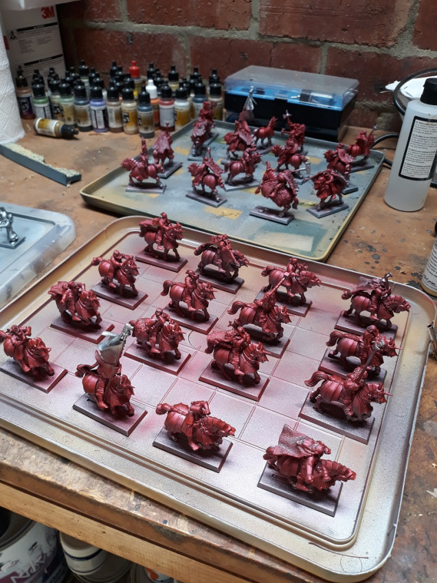 Cavalry all sprayed red - will tidy up by brushing red ink directly on to any bits missed