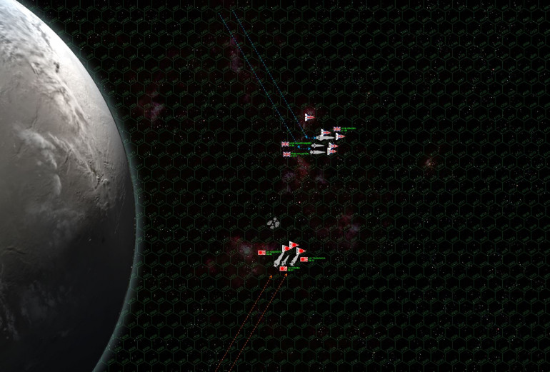 The Japanese predominantly lose initiative, so their heaviest ships have to enter the table first.  The Naginata makes her approach into the empty battle space, and not knowing where the British will be, try to use the asteroid batch to screen her position.  The British make a much faster approach (36 km per second), making a last-minute turn to port to cross the Japanese 